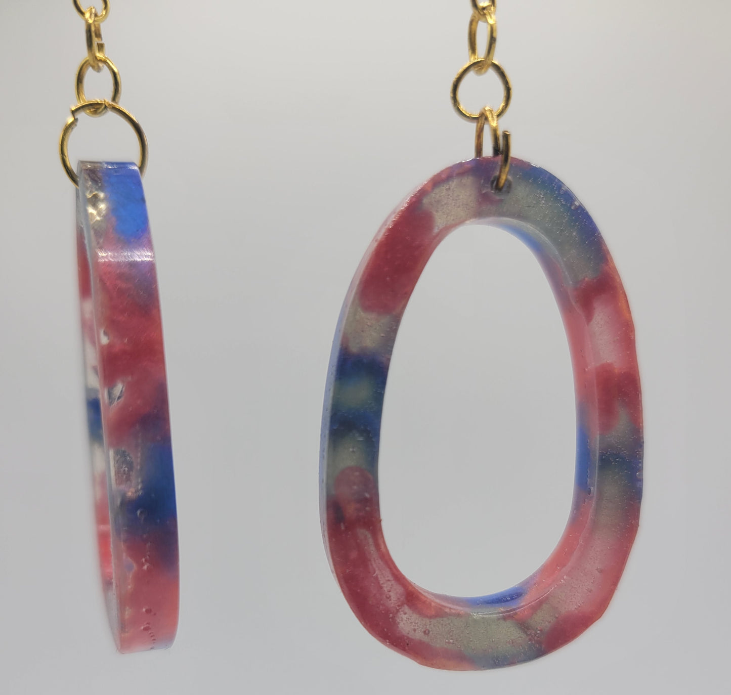 Handmade Resin Oval Earrings - Unique Red, Blue & Pink Swirls