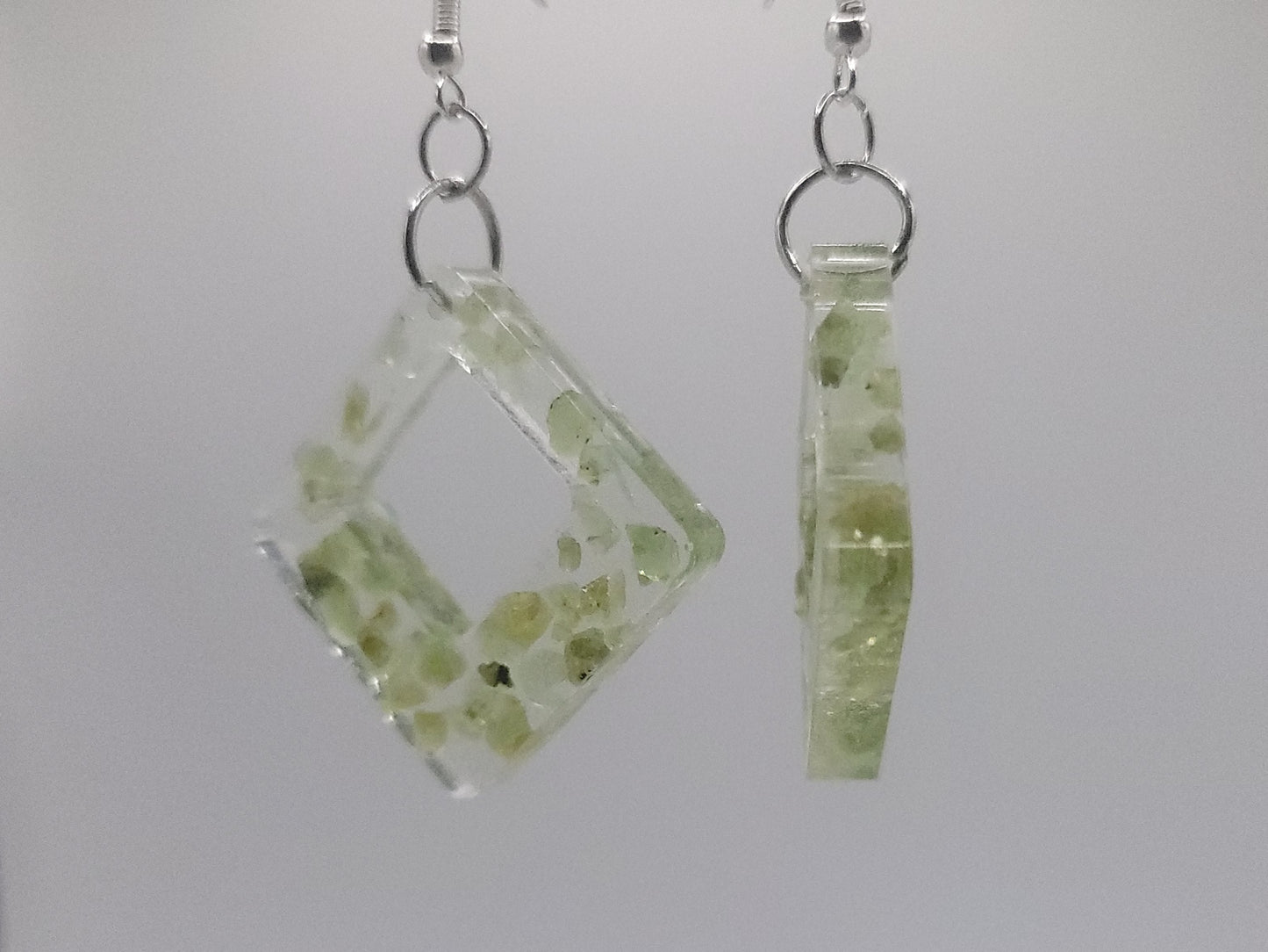Handmade Resin Diamond Earrings with Green Accents