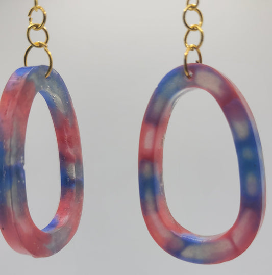 Handmade Resin Oval Earrings - Unique Red, Blue & Pink Swirls