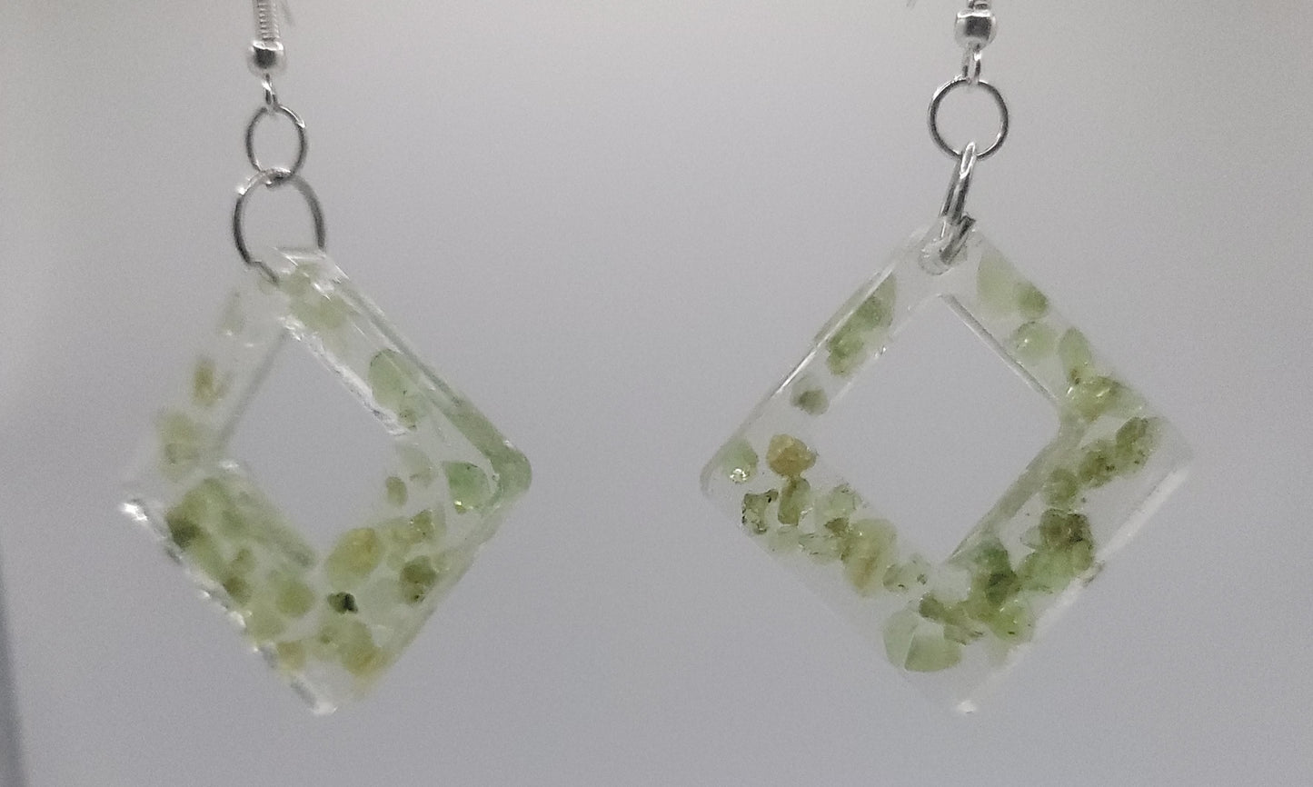Handmade Resin Diamond Earrings with Green Accents