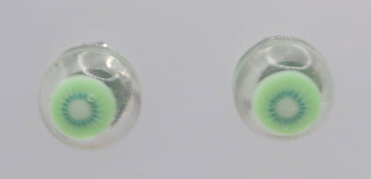 Set of colorful round earrings on a clear display stand.