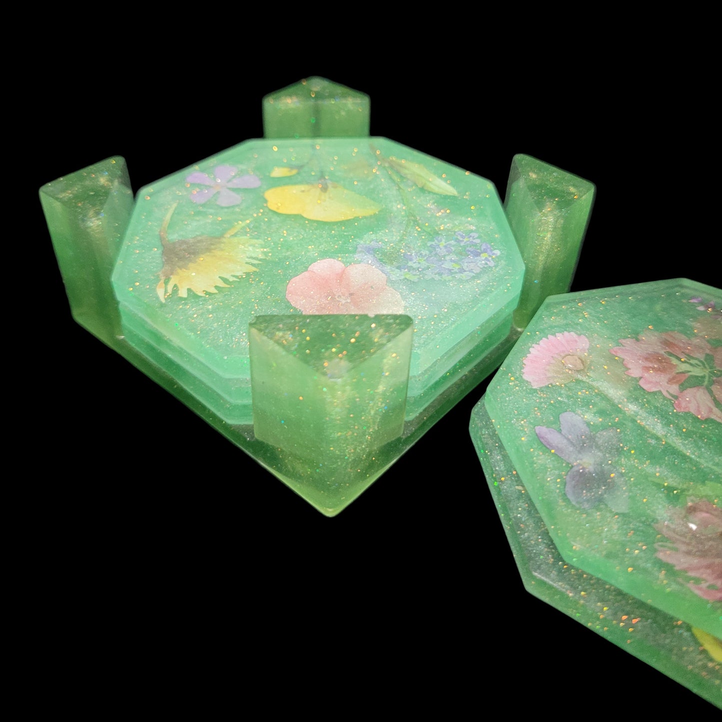 Handcrafted Floral Coaster Set with Caddy