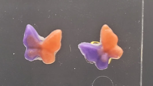 Colorful butterfly-shaped earrings on a clear display card.