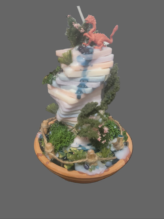 Tree garden dragon waterfall. Tower offset candle centerpiece. Decorative candle.